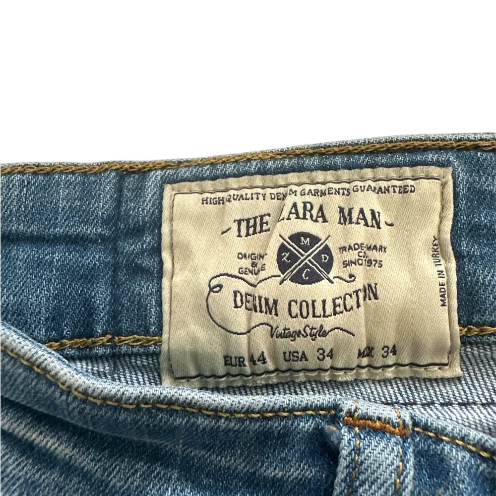 Zara Man Distressed Denim Jeans Size 34 Light Wash Slim Fit
